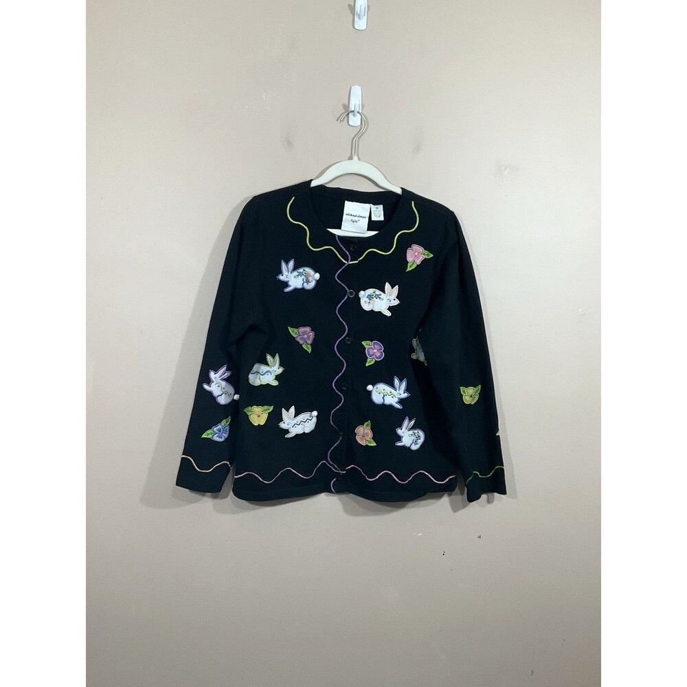 VTG Michael Simon Light Embroidered Bunny Cardigan M Black Easter Flowers Rabbit